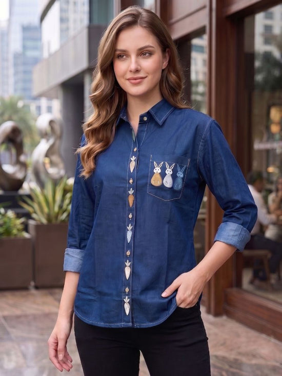 Vp 92 Denim Elegant Embroidered Ladies Shirt - Amrah Wholesale