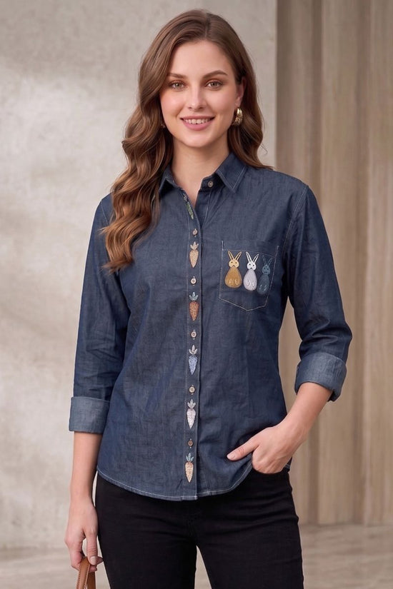 Vp 92 Denim Elegant Embroidered Ladies Shirt - Amrah Wholesale
