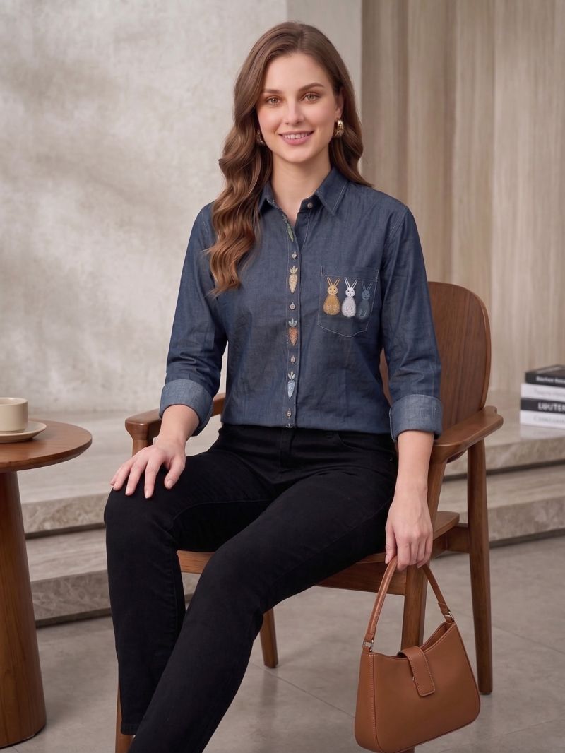 Vp 92 Denim Elegant Embroidered Ladies Shirt