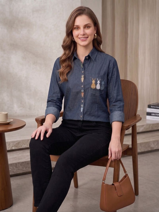 Vp 92 Denim Elegant Embroidered Ladies Shirt