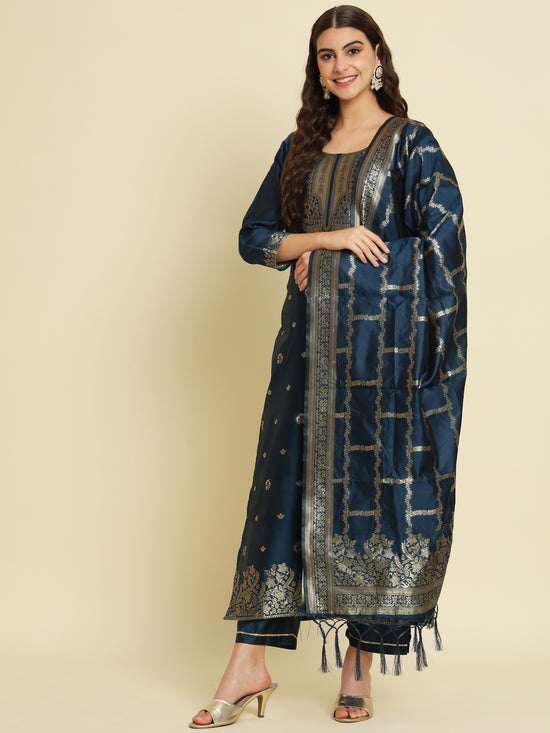 Amrah Wholesale Vp 9476 Teal Silk Jacquard Kurti Pant Dupatta Set