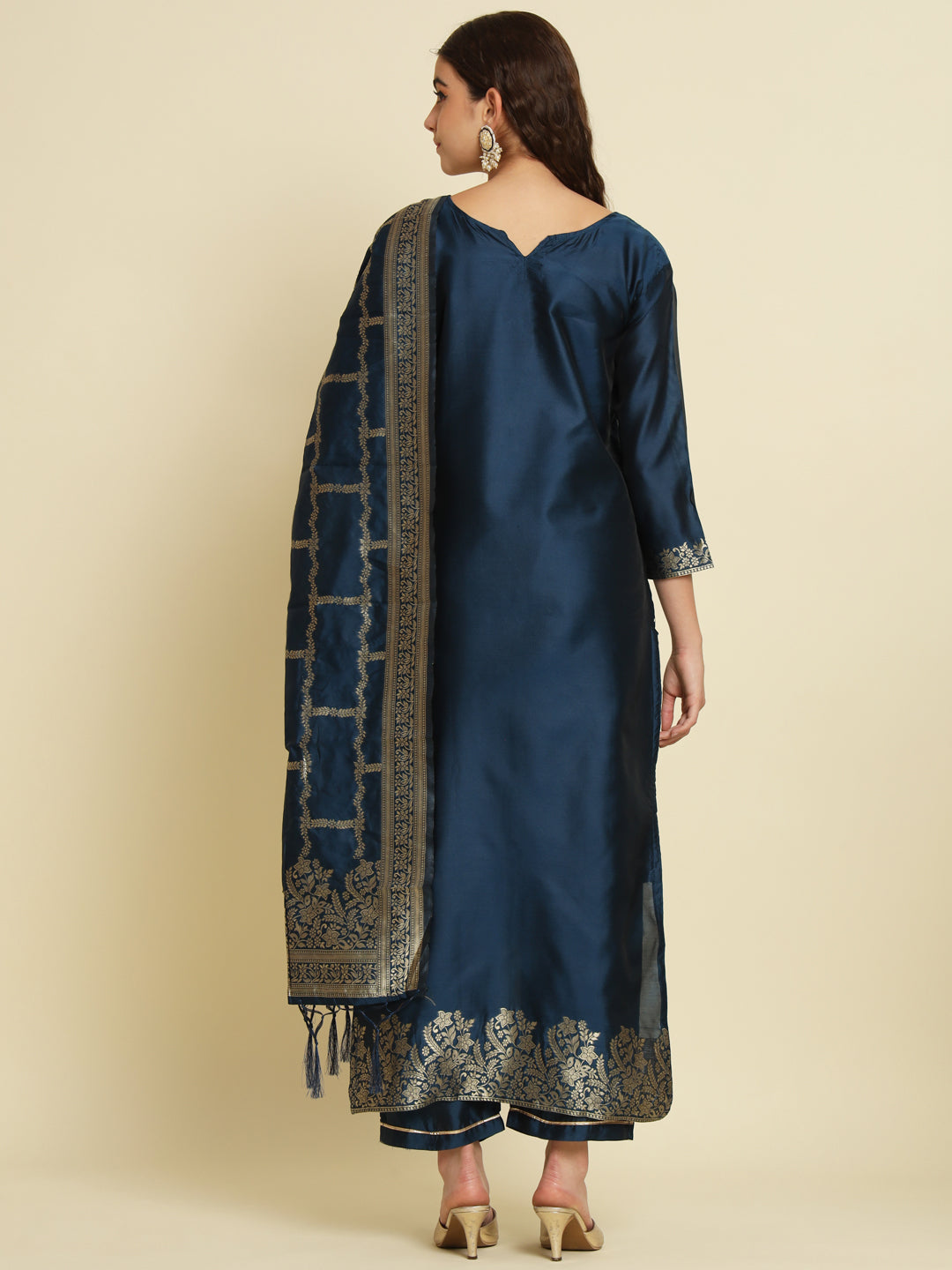 Amrah Wholesale Vp 9476 Teal Silk Jacquard Kurti Pant Dupatta Set