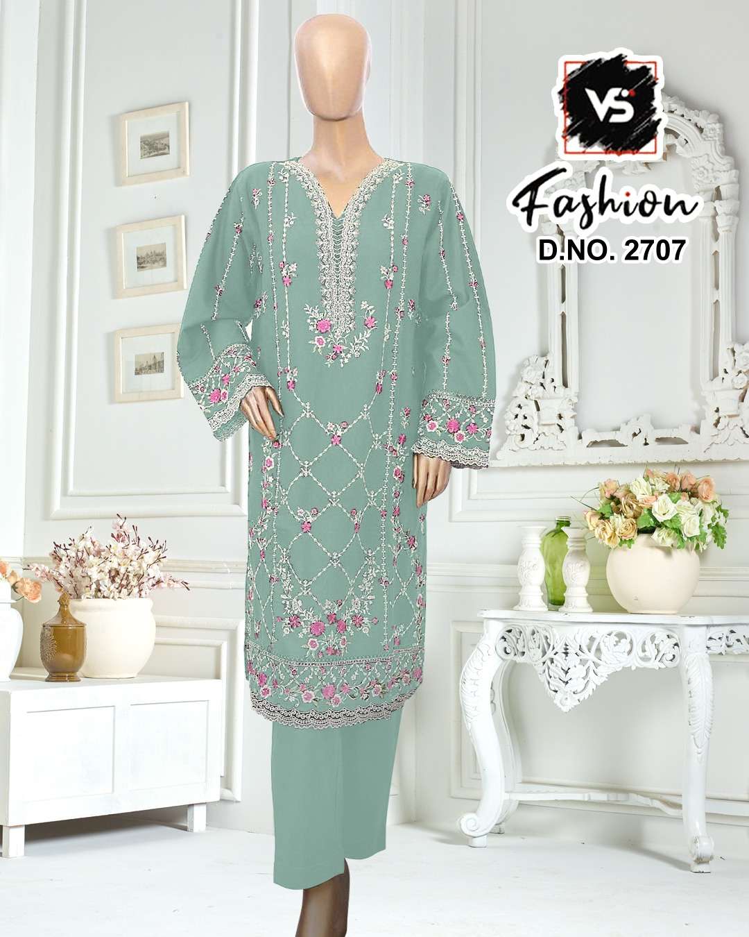 VS.Fashion 2707 Rayon Satin Embroidered Pakistani Suit Set