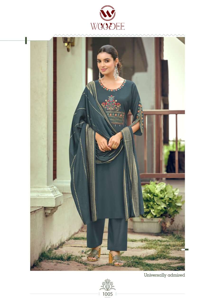 WOODEE NIKHAAR 1001 TO 1006 Series Rayon Embroidery Salwar Suit Set - Amrah Wholesale