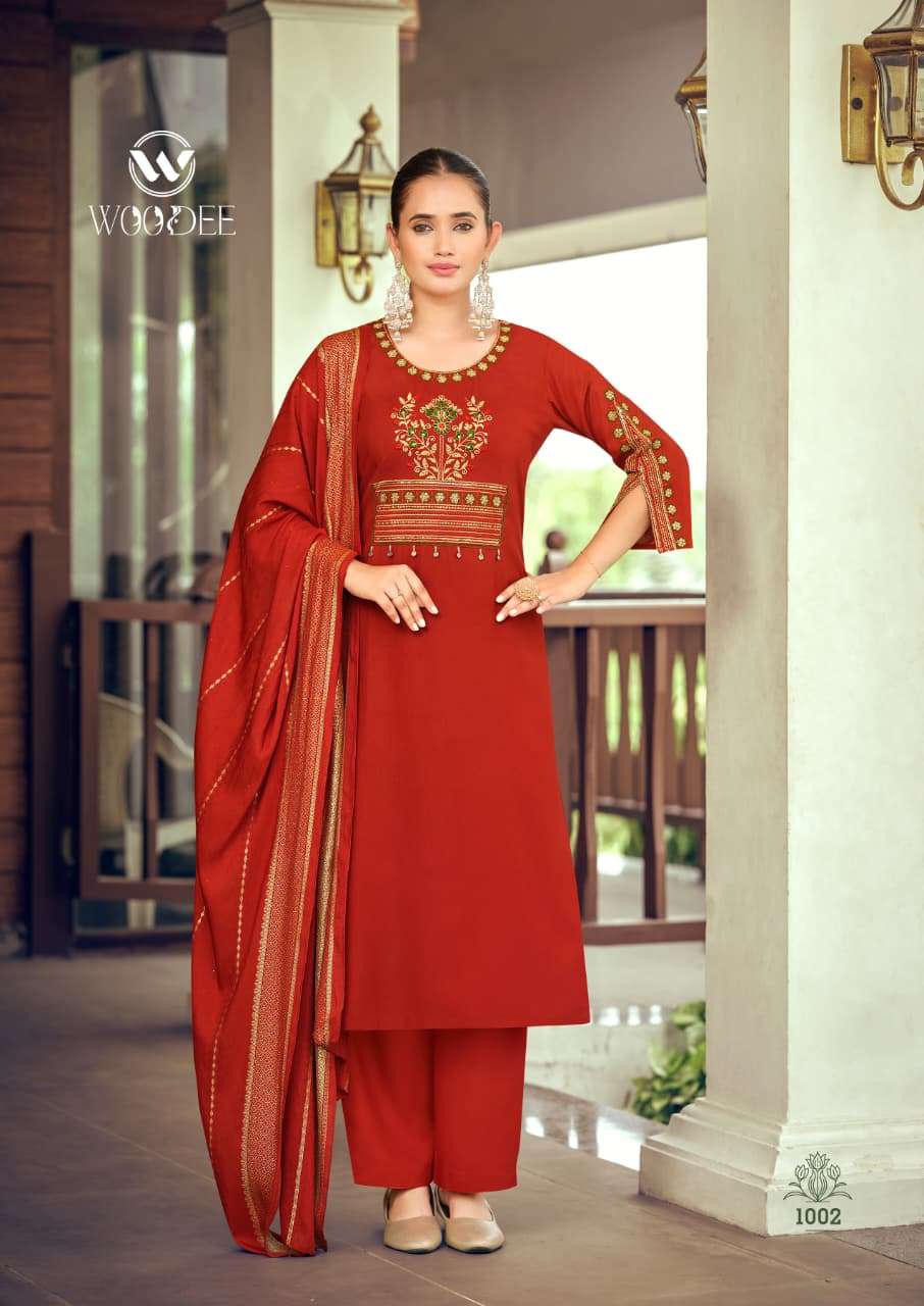 WOODEE NIKHAAR 1001 TO 1006 Series Rayon Embroidery Salwar Suit Set - Amrah Wholesale