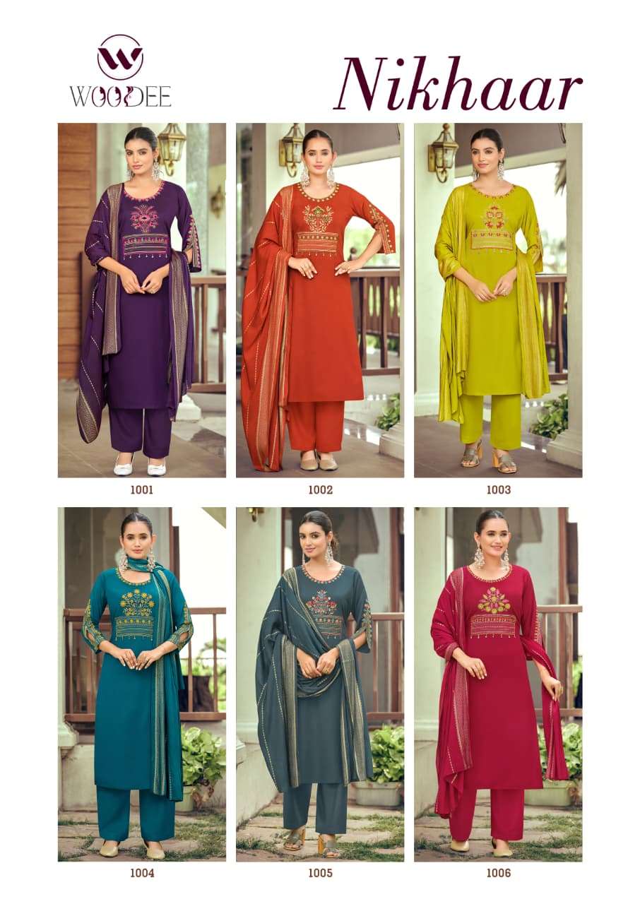 WOODEE NIKHAAR 1001 TO 1006 Series Rayon Embroidery Salwar Suit Set - Amrah Wholesale