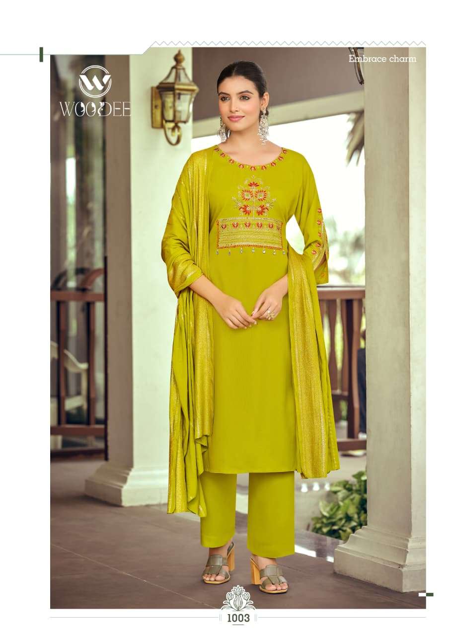WOODEE NIKHAAR 1001 TO 1006 Series Rayon Embroidery Salwar Suit Set - Amrah Wholesale