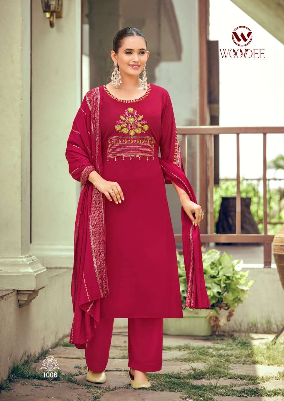 WOODEE NIKHAAR 1001 TO 1006 Series Rayon Embroidery Salwar Suit Set - Amrah Wholesale