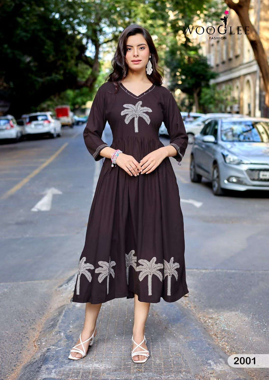 Wooglee Yamini Heavy Rayon Thread Work Stitched Kurti Gown