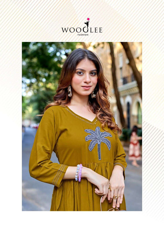 Wooglee Yamini Heavy Rayon Thread Work Stitched Kurti Gown