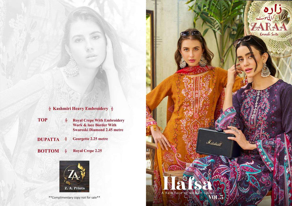 Zaraa Print Hafsa Vol 03 Crepe Printed Unstitched Pakistani Suit