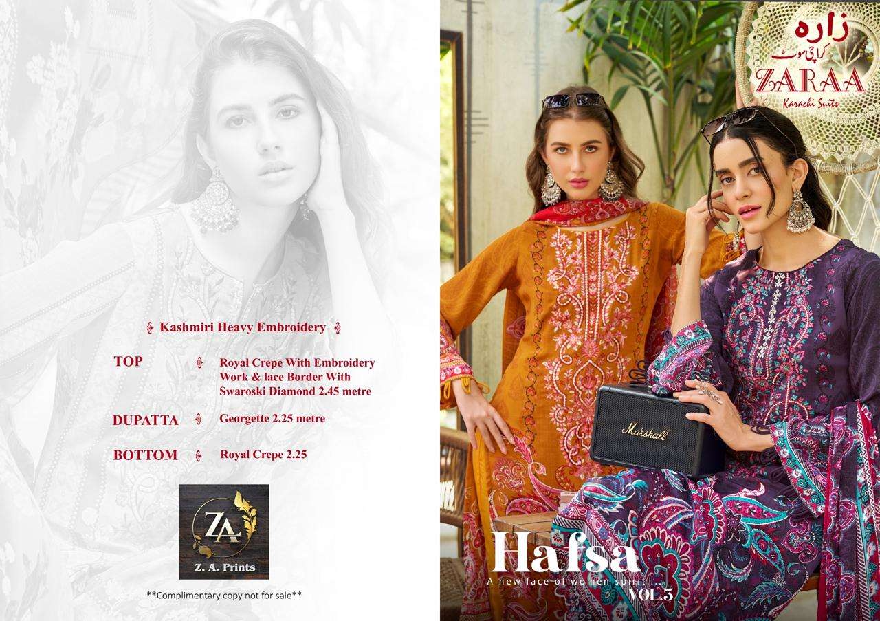 Zaraa Print Hafsa Vol 03 Crepe Printed Unstitched Pakistani Suit