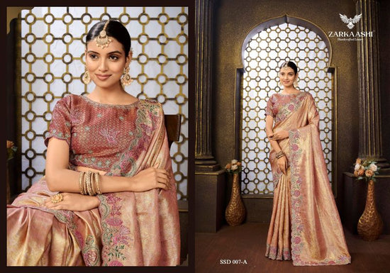 Zarkaashi Srivali Readymade Blouse Tissue Silk Designer Saree Collection