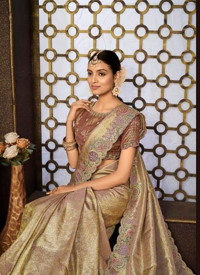 Zarkaashi Srivali Readymade Blouse Tissue Silk Designer Saree Collection
