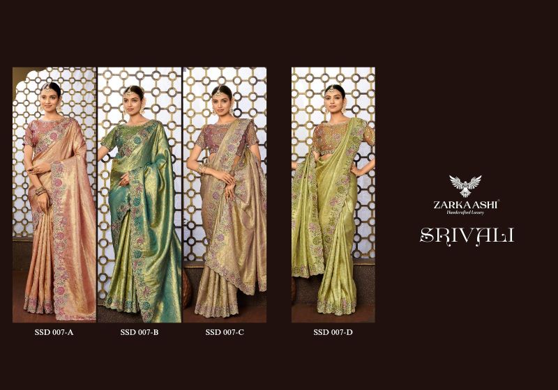 Zarkaashi Srivali Readymade Blouse Tissue Silk Designer Saree Collection
