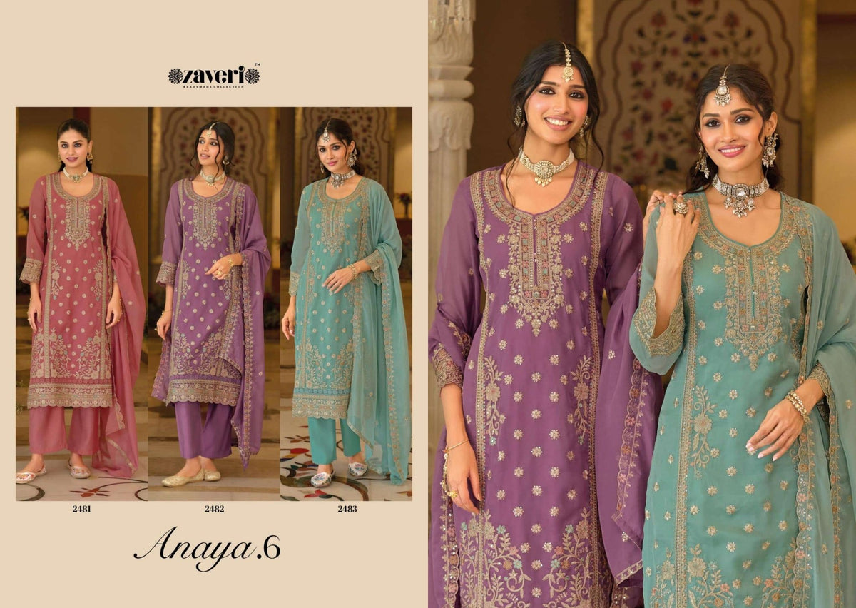 Zaveri Anaya Vol 6 Soft Organza Embroidery Kurti Pant Dupatta Set - Amrah Wholesale