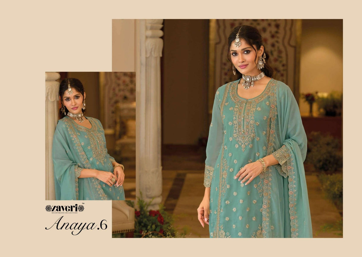 Zaveri Anaya Vol 6 Soft Organza Embroidery Kurti Pant Dupatta Set - Amrah Wholesale