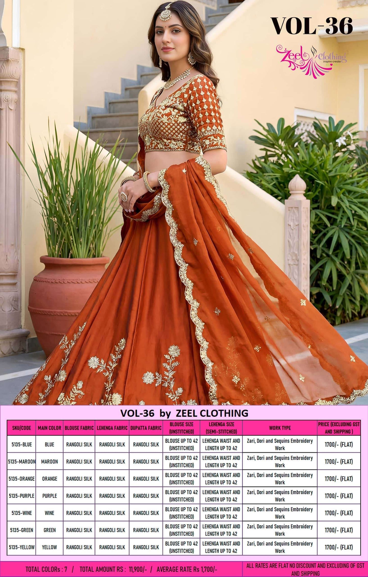 ZEEL Clothing Vol-36 Rangoli Silk Embroidered Semi Stitched Lehenga