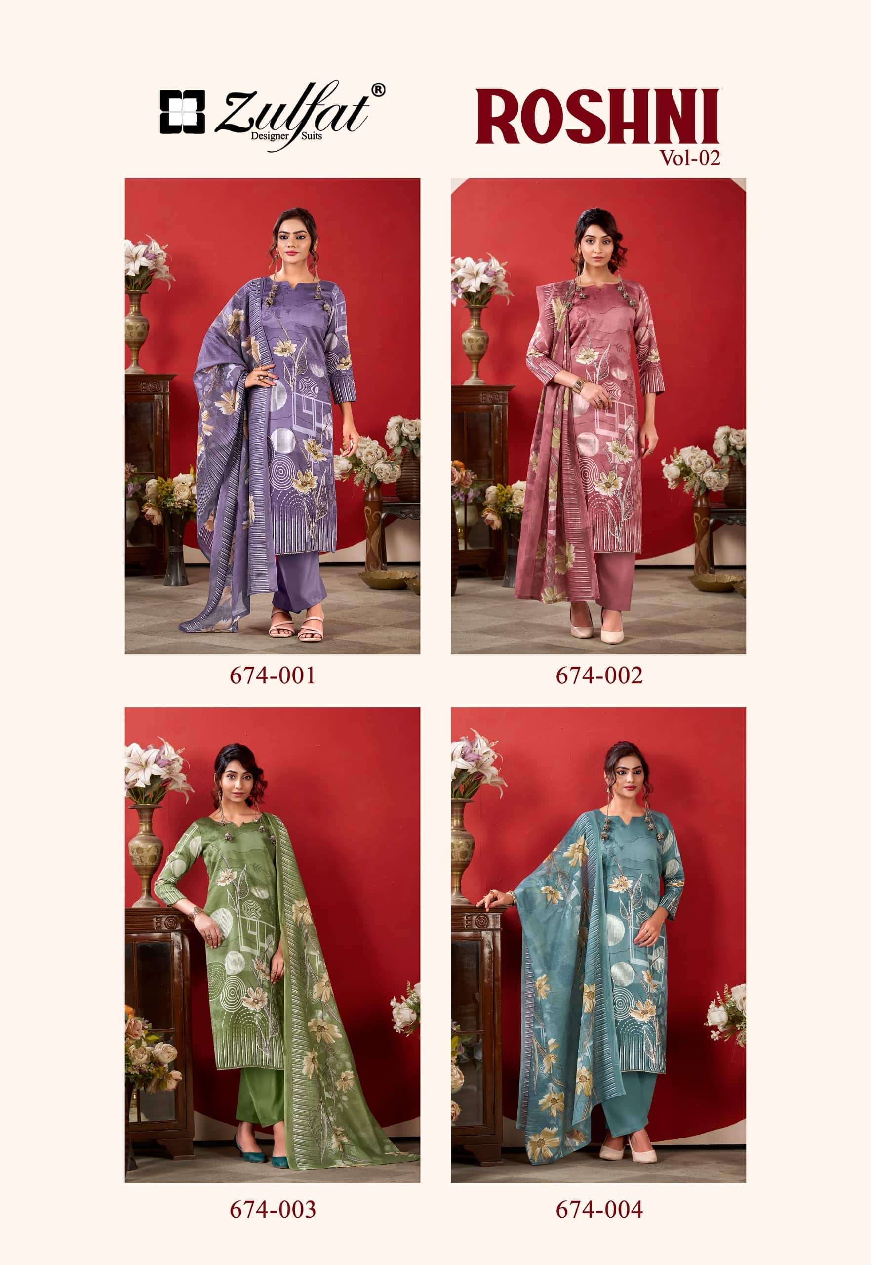 Zulfat Designer Suits Roshni Vol 2 Pure Jam Cotton Dress Material