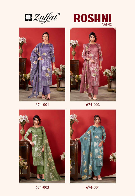 Zulfat Designer Suits Roshni Vol 2 Pure Jam Cotton Dress Material